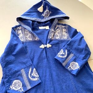 Soft Surroundings Boho Tribal Robe Dress Embroidered Kaftan Hooded Blue Size LG